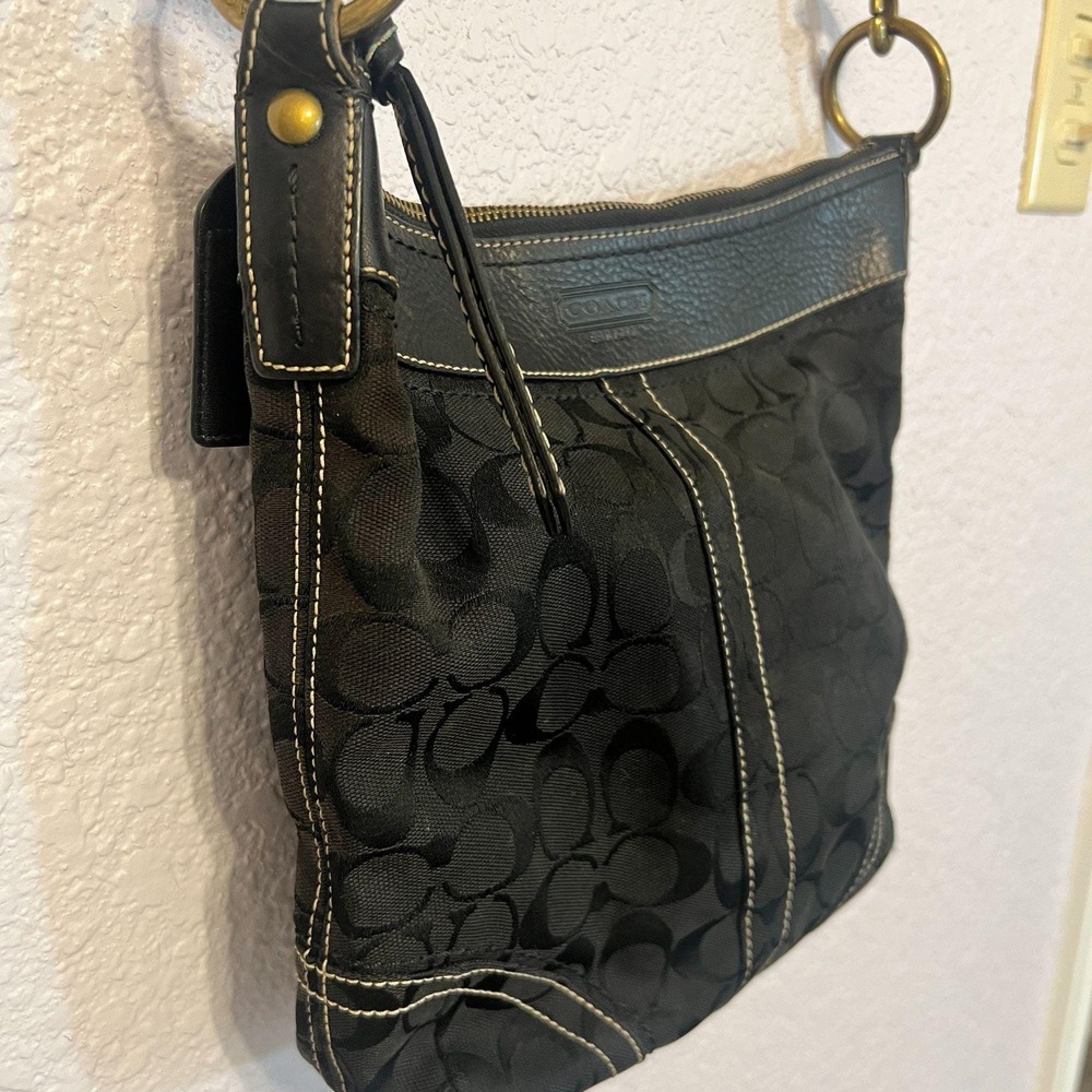 Coach Y2K Hobo Black‎ White Stitch Jacquard Leather Shoulder Bag Adjust Strap - Picture 5 of 9